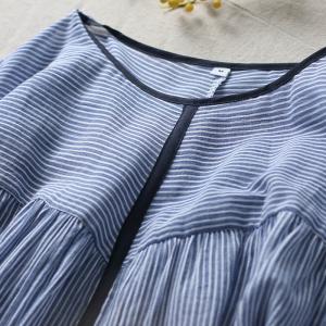 Blue Horizontal Striped Blouse Puff Sleeves Cotton Oversized Tshirt