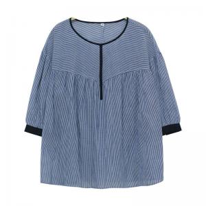 Blue Horizontal Striped Blouse Puff Sleeves Cotton Oversized Tshirt