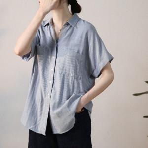 Two Chest Pockets Pinstriped Shirt Womens Short Sleeves Blouse