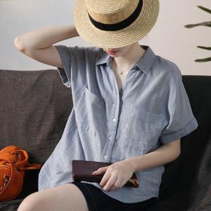Two Chest Pockets Pinstriped Shirt Womens Short Sleeves Blouse