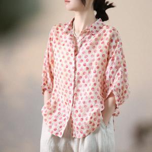 Business Casual Polka Dot Blouse Summer Oversized Ramie Shirt