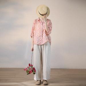 Business Casual Polka Dot Blouse Summer Oversized Ramie Shirt