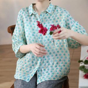 Business Casual Polka Dot Blouse Summer Oversized Ramie Shirt