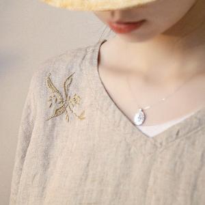 Fluffy Sleeves Embroidery T-shirt V-Neck Linen Summer Tee