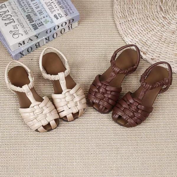 Cowhide Leather Gladiator Sandals Low Heels Comfy T-Stap Flats