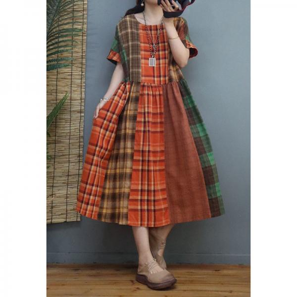 High Waist Classic Tartan Dress Loose Cotton Linen Dress