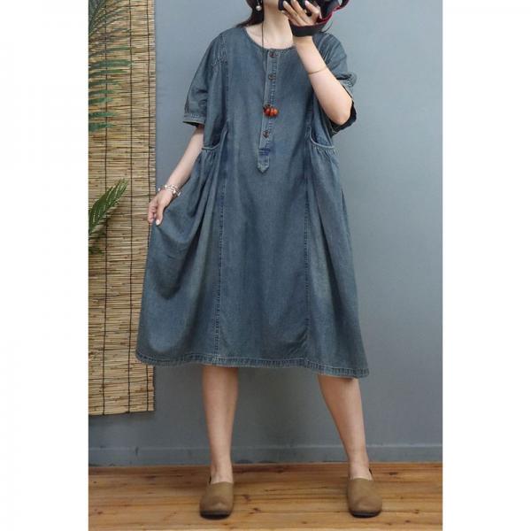 Crew Neck Soft Denim Dress Stone Wash Knee Length Dress