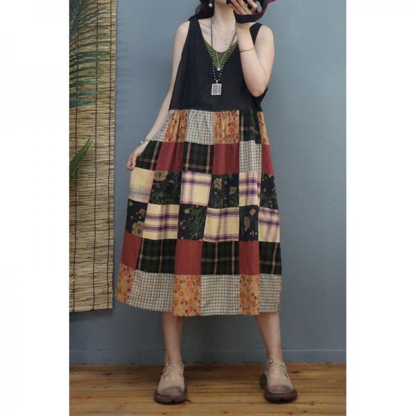 Floral Plaid Cotton Linen Dress V-Neck A-Line Sundress