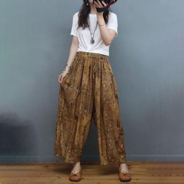 Elastic Waist Printed Wide Leg Pants Flax Buttons Tapered Pants