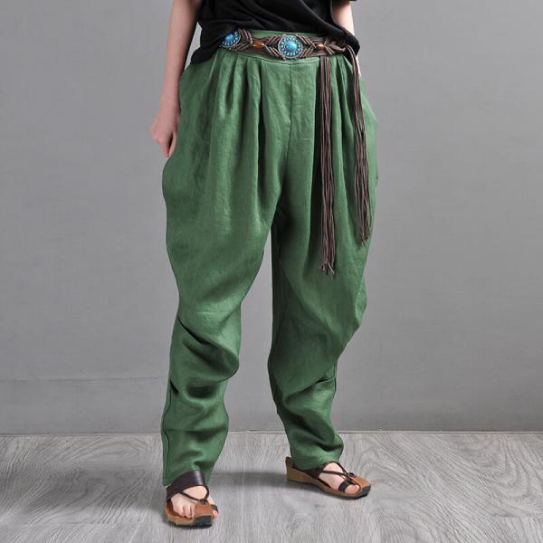 Dark Green Linen Tapered Pants Loose Flax Pleated Trousers