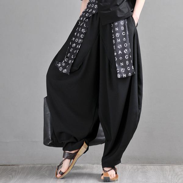 Designer Fashion Letter Straps Black Pants Linen Blend Hammer Pants