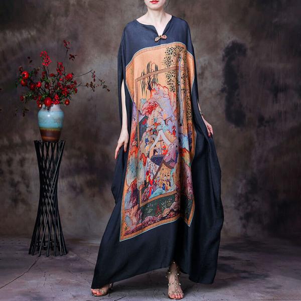 Chinese Painting Caftan Qipao Frog Button Long Cover-Up Dress