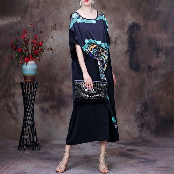 Printed Silk Scarf Collar Black Dress Modest Dress for Senior Women