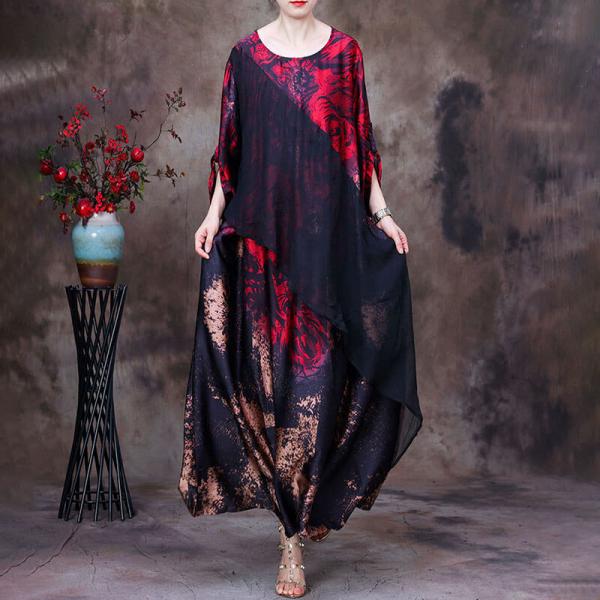 Red Printed Plus Size Flare Dress Over50 Silk Maxi Dress
