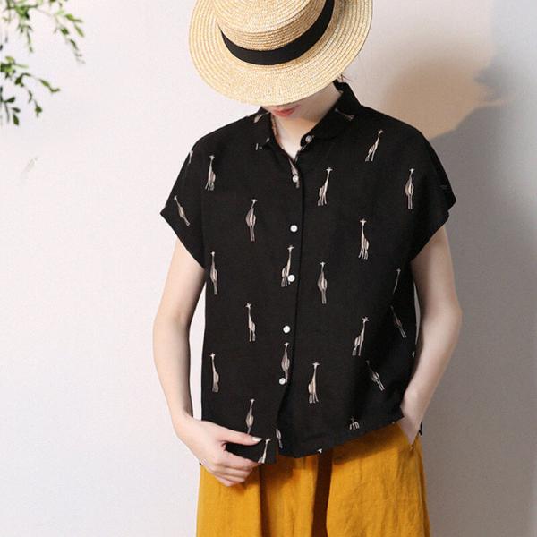 Cute Deer Black Shirt Cotton Linen Short Sleeves Blouse