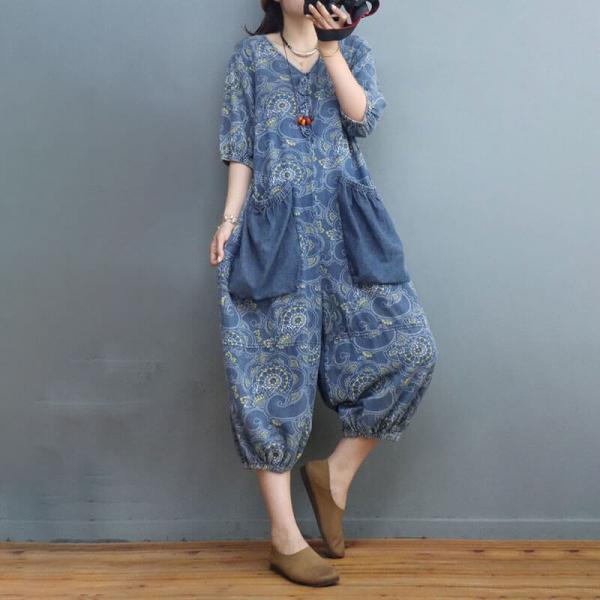 Large Pockets Folk Printed Casual Jumpsuits Blue Jean Coveralls