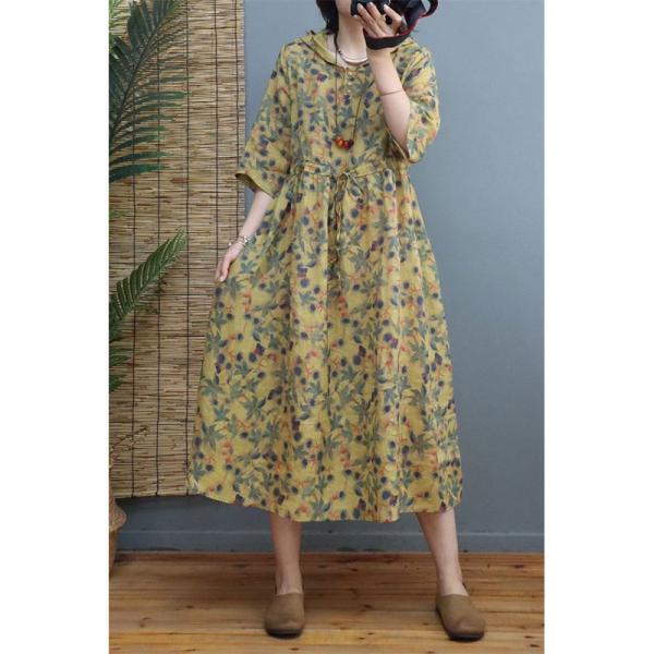 Leaf Patterns Ramie Hooded Dress Front Belted Yellow Dress