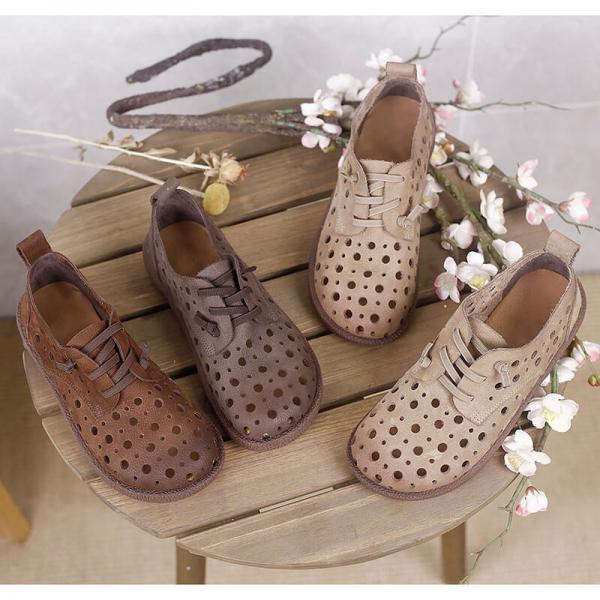 Hollow Out Leather Deck Shoes Lace Up Womens Flats