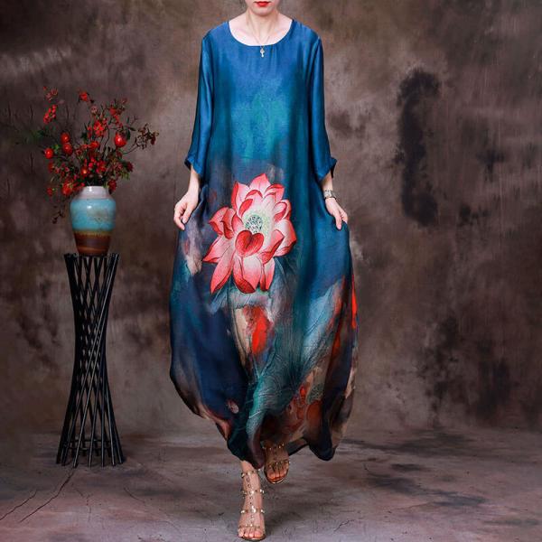 Summer Silk Lotus Patterned Dress Loose Elegant Maxi Dress