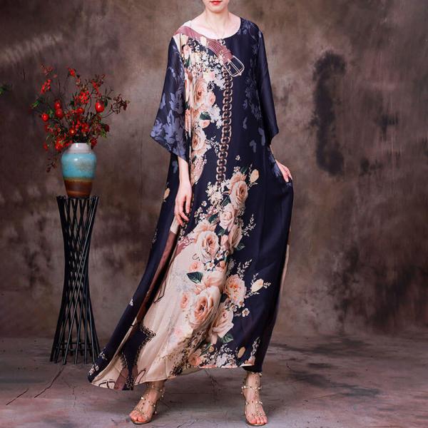 Rose Printed Loose Silk Dress Over50 Summer Cruise Wear