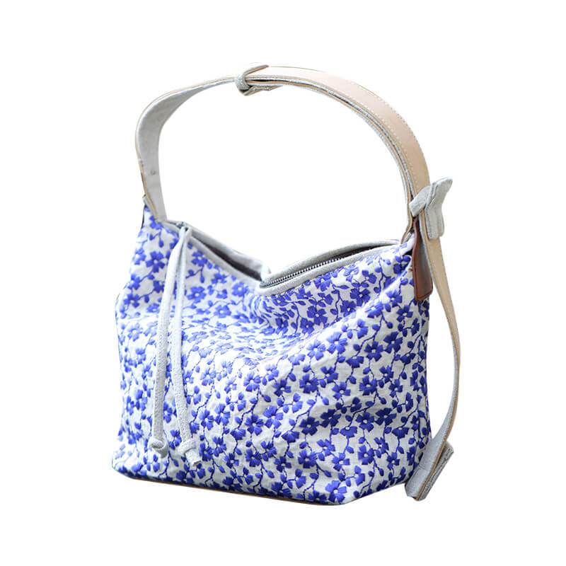 Leather Straps Linen Embroidery Hobo Bag in Purple White