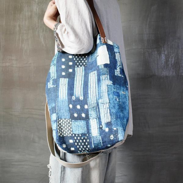 Street Style Blue Painted Tote Cotton Linen Patterned Shoulder Bag
