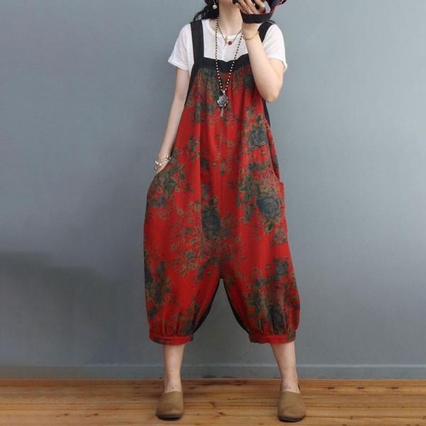 Cotton Linen Rose Printed Red Overalls Backless Vintage Overalls