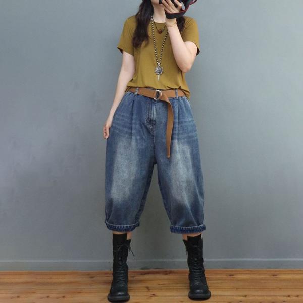 Elastic Waist Stone Wash Jeans Straight Legs Cropped Jeans