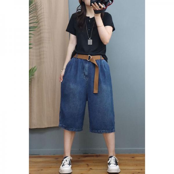 Casual Style Blue Ladies Jeans Baggy Straight Leg Cropped Jeans