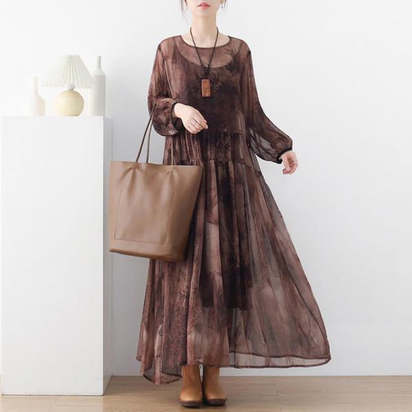 See-Through Printed Elegant Dress Silk Beach Maxi Dress with Camisole