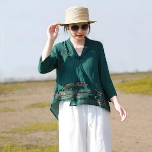 Oriental Style Layered Chinese Blouse Crane and Mountain Linen Clothing