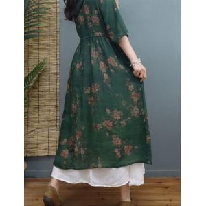 Front Tied Ramie Midi Dress Beach Green Floral Hooded Dress