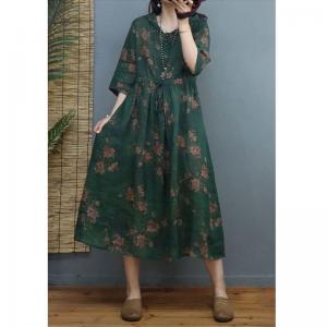 Front Tied Ramie Midi Dress Beach Green Floral Hooded Dress