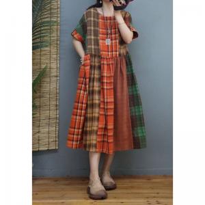 High Waist Classic Tartan Dress Loose Cotton Linen Dress