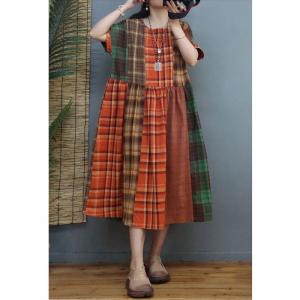 High Waist Classic Tartan Dress Loose Cotton Linen Dress