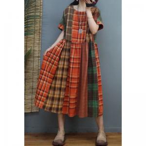 High Waist Classic Tartan Dress Loose Cotton Linen Dress