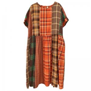 High Waist Classic Tartan Dress Loose Cotton Linen Dress