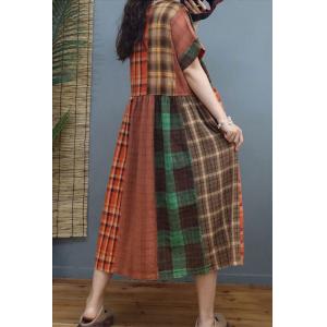 High Waist Classic Tartan Dress Loose Cotton Linen Dress