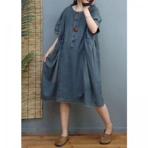 Crew Neck Soft Denim Dress Stone Wash Knee Length Dress