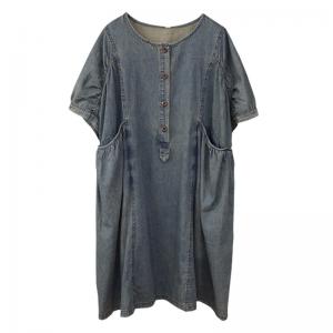 Crew Neck Soft Denim Dress Stone Wash Knee Length Dress