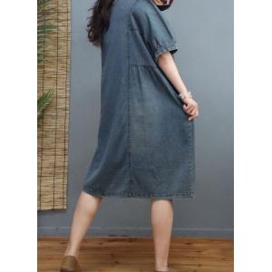 Crew Neck Soft Denim Dress Stone Wash Knee Length Dress