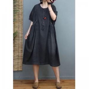 Crew Neck Soft Denim Dress Stone Wash Knee Length Dress