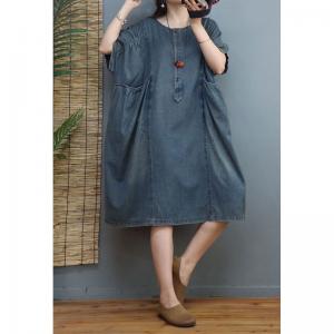 Crew Neck Soft Denim Dress Stone Wash Knee Length Dress