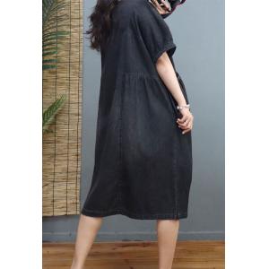 Crew Neck Soft Denim Dress Stone Wash Knee Length Dress