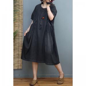 Crew Neck Soft Denim Dress Stone Wash Knee Length Dress