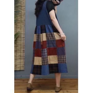 Floral Plaid Cotton Linen Dress V-Neck A-Line Sundress