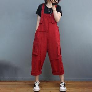 Side Pockets Fringed Bib Overalls Womens Gardening Cargo Pants