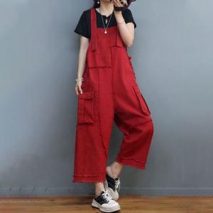 Side Pockets Fringed Bib Overalls Womens Gardening Cargo Pants