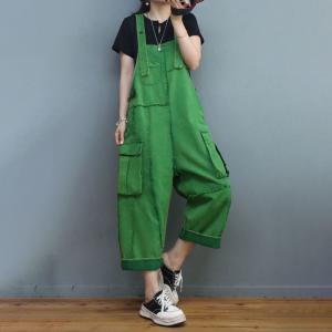 Side Pockets Fringed Bib Overalls Womens Gardening Cargo Pants