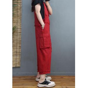 Side Pockets Fringed Bib Overalls Womens Gardening Cargo Pants